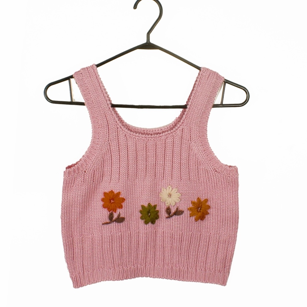 Vintage 70s 80s Pink Floral Embroidered Knit Wool Tank Top